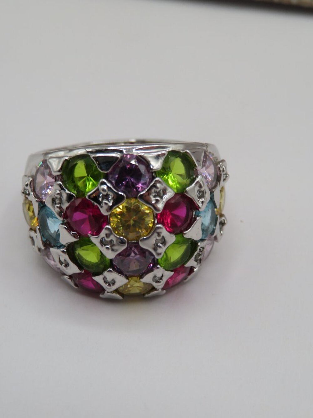 Multi Color Rhinestone Silver Tone Dome Cocktail Ring Sz 10 - Picture 6 of 12